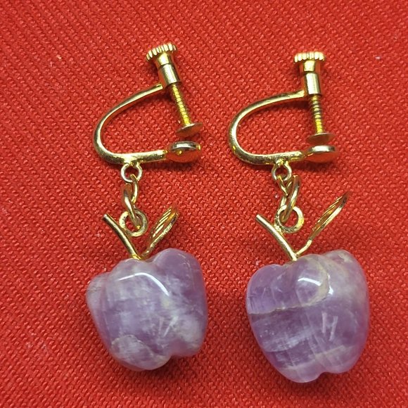 Vintage Amethyst Apple Purple Gemstone Earrings Gold Tone Adjustable Screw Earr - Picture 9 of 11